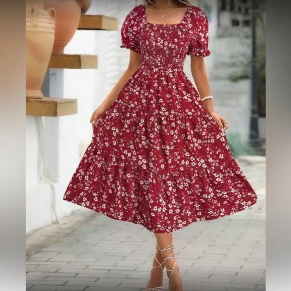 Black Floral Midi Dress with Smocked Bodice - Picture 7 of 9